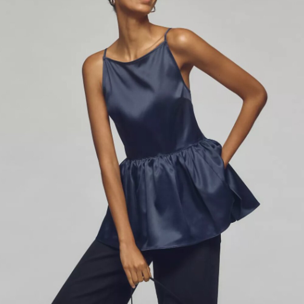 NWT By Anthropologie Silky Babydoll Top, sz Small, Navy